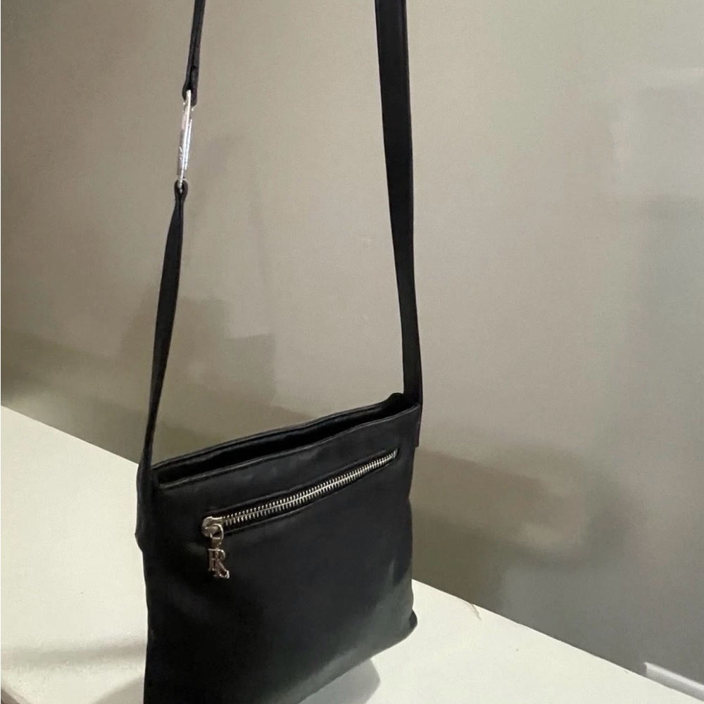 Vintage Ralph Lauren Black Leather Crossbody Shoulder Bag Y2K Silver Logo - Picture 3 of 14